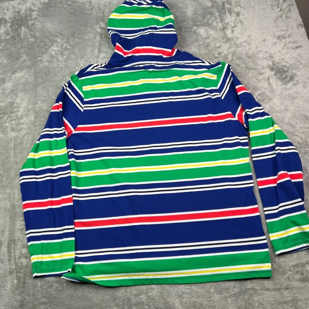 Polo Ralph Lauren Hooded T-Shirt Mens XL Blue Green Striped Long Sleeve Cotton